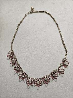 Vintage Red Enamel Floral Rhinestone Necklace